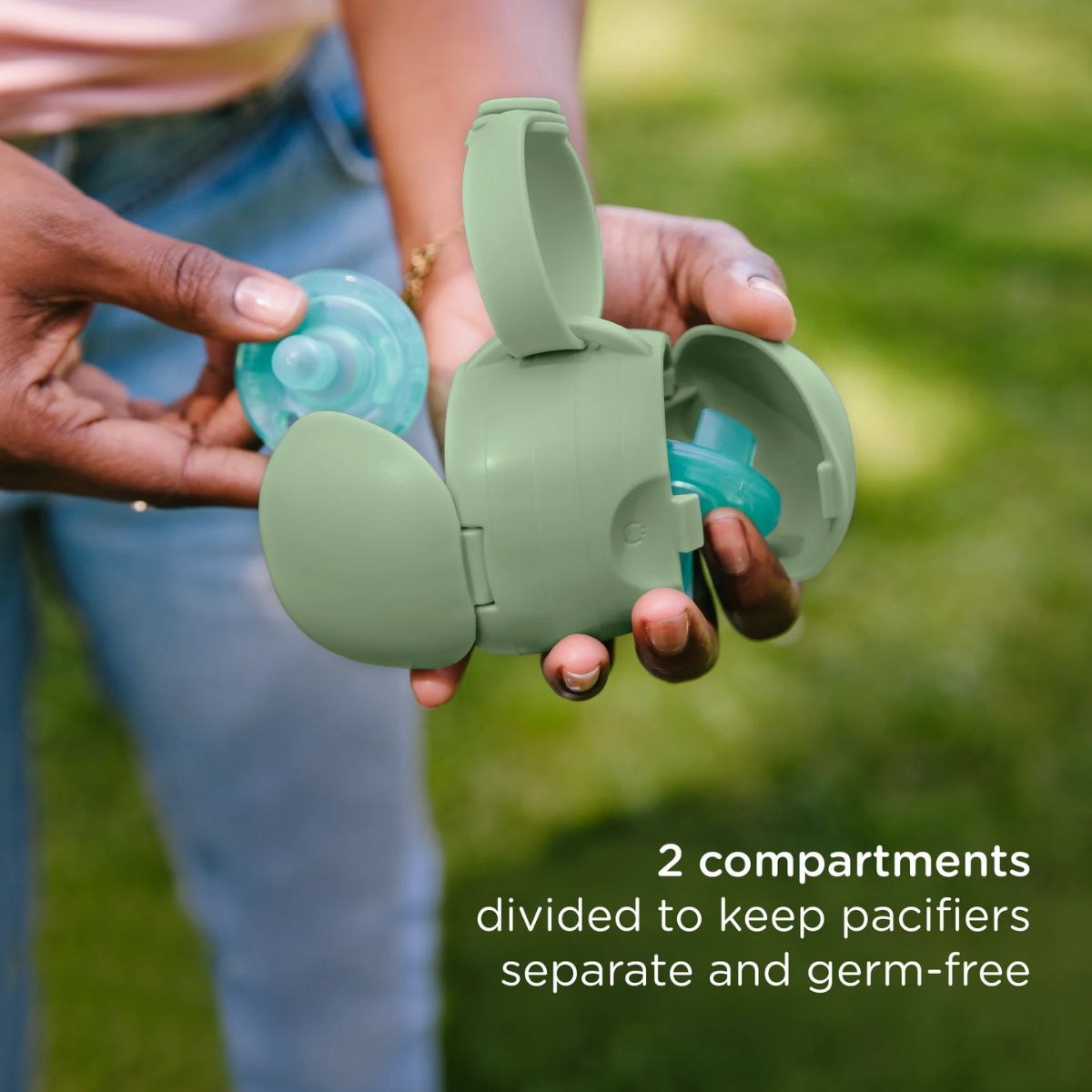 Ubbi On-The-Go Pacifier Holder - Sage - Dual Compartment for Better Hygiene