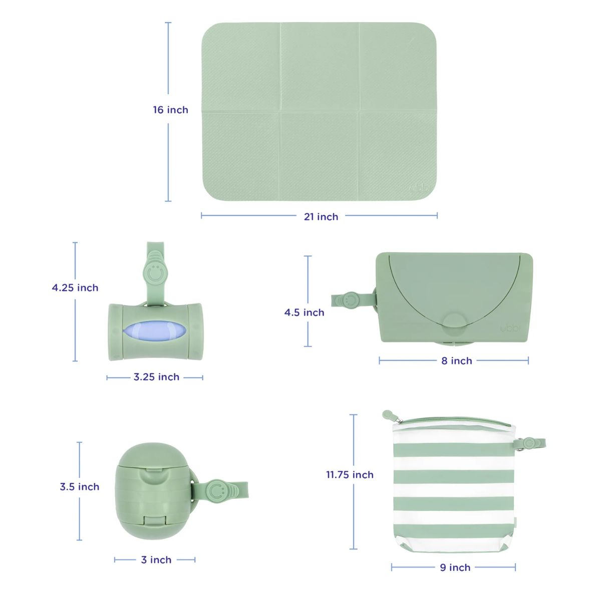 Ubbi On-the-Go Diaper Changing Gift Set 4-Piece - Sage - Compact and Travel Friendly Design